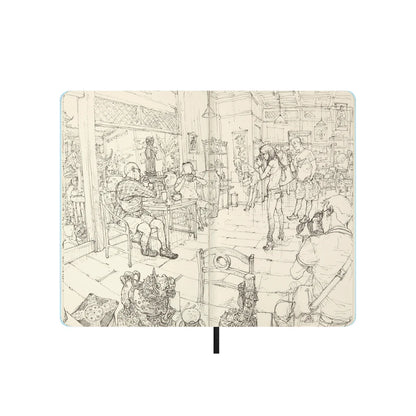 Notebook with black and white illustrations on a white background