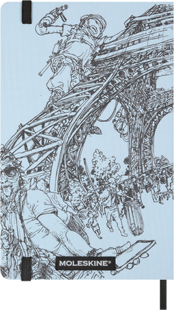 Moleskine notebook with artistic design of people on a bridge