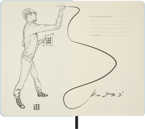 Notebook with a drawing of a person holding a flag and a long line, with text on a beige background.