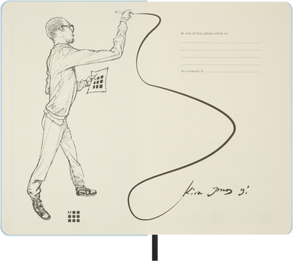 Notebook with a drawing of a person holding a flag and a long line, with text on a beige background.