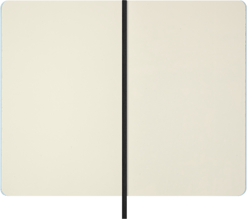 Open notebook with a black line dividing two cream-colored pages on a white background