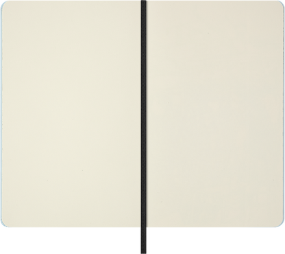 Open notebook with a black line dividing two cream-colored pages on a white background