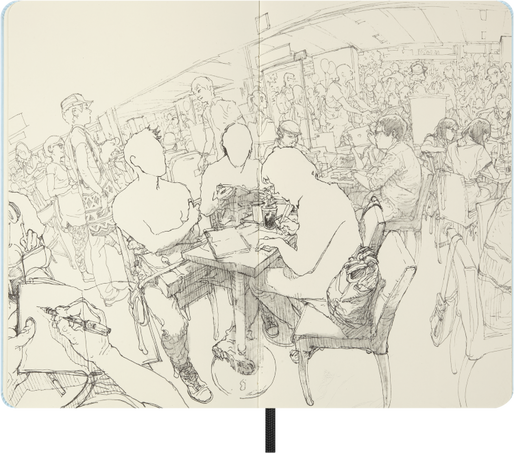 Illustration of a crowded cafe with people sitting at tables.