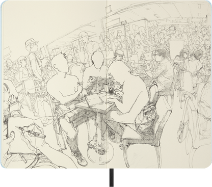 Illustration of a crowded cafe with people sitting at tables.