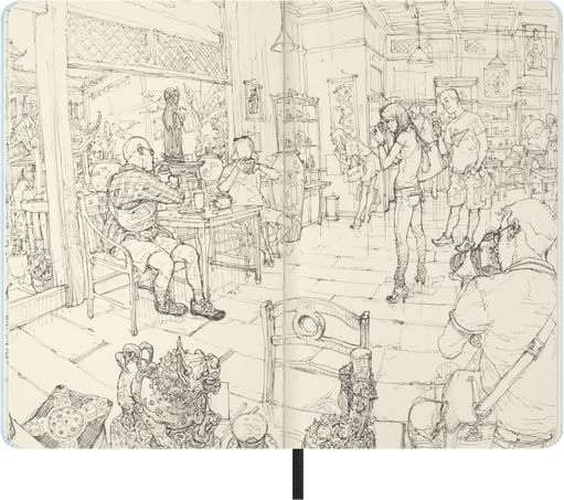 Detailed line drawing of a bustling interior scene with people and activities.