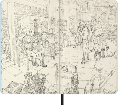Detailed line drawing of a bustling interior scene with people and activities.