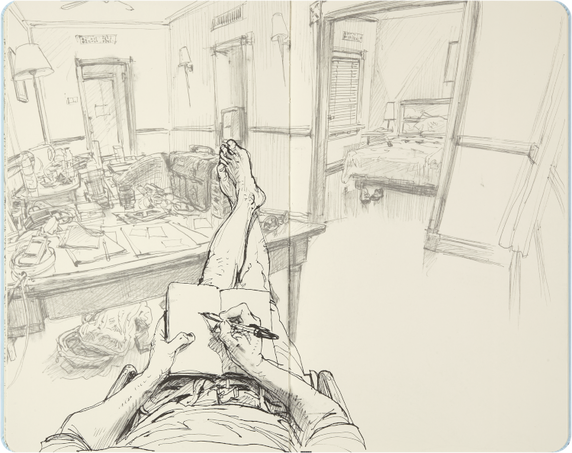 Pencil drawing of a person lying on a bed with a book and pen, looking out a window into a room.