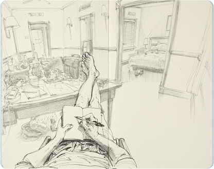 Pencil drawing of a person lying on a bed with a book and pen, looking out a window into a room.