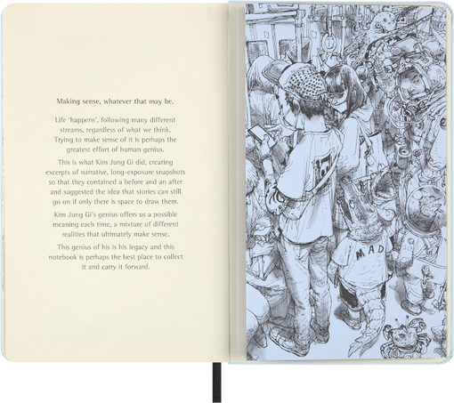 Open notebook with text on one page and an illustration of a person in a crowd on the other.