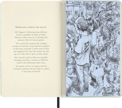 Open notebook with text on one page and an illustration of a person in a crowd on the other.