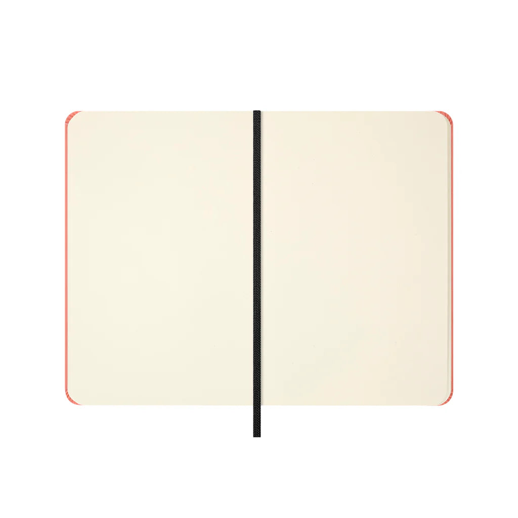 Open notebook with a black binding on a white background