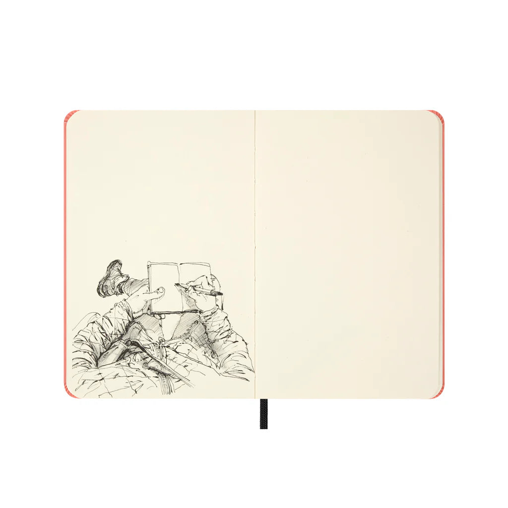 Open notebook with black and white illustrations on a white background