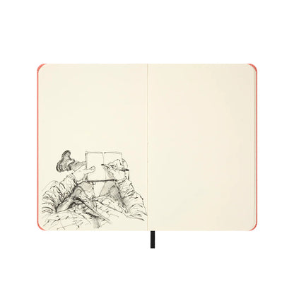 Open notebook with black and white illustrations on a white background