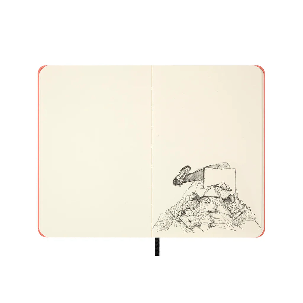 Open notebook with a black and white illustration of a person sitting on a chair, holding a book, on a white background.