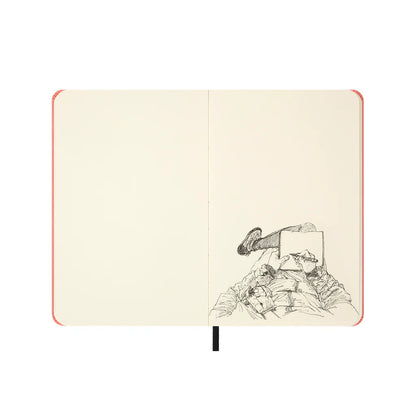 Open notebook with a black and white illustration of a person sitting on a chair, holding a book, on a white background.
