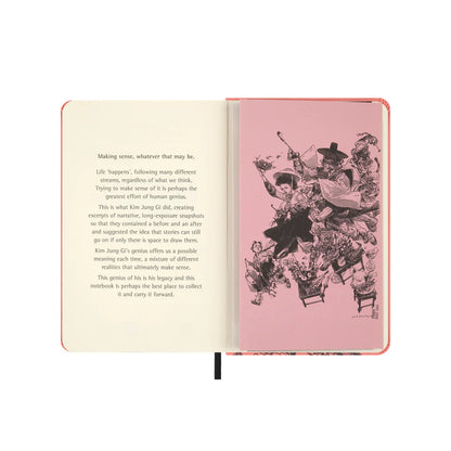 Open notebook with text and illustration on pink pages