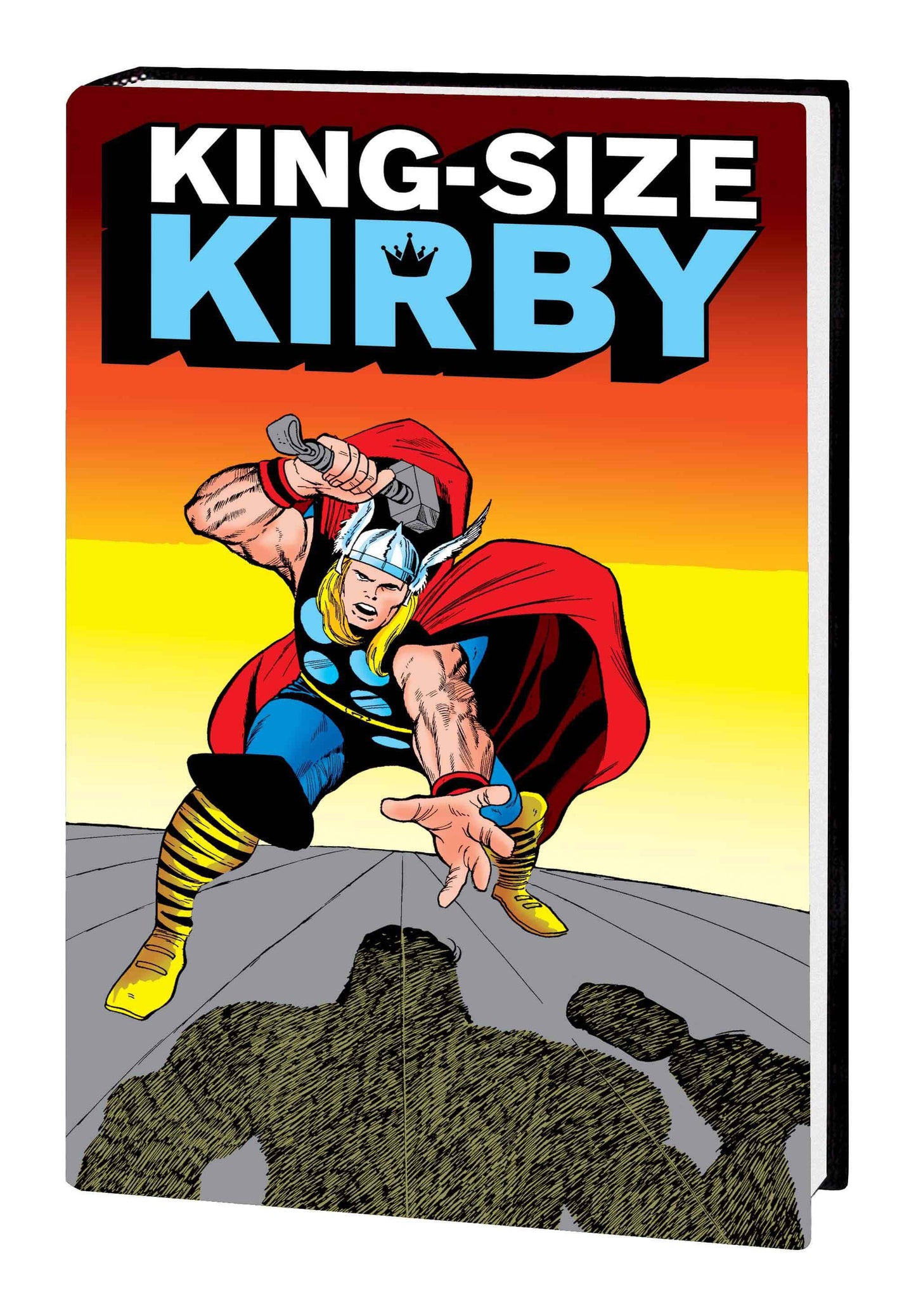 King-Size Kirby comic book with a bold cover illustration of Kirby leaping forward against a red, orange, and yellow gradient sky, with the title 'KING-SIZE KIRBY' at the top.