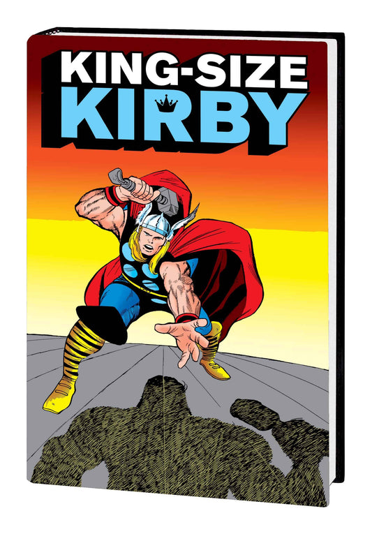 King-Size Kirby comic book with a bold cover illustration of Kirby leaping forward against a red, orange, and yellow gradient sky, with the title 'KING-SIZE KIRBY' at the top.