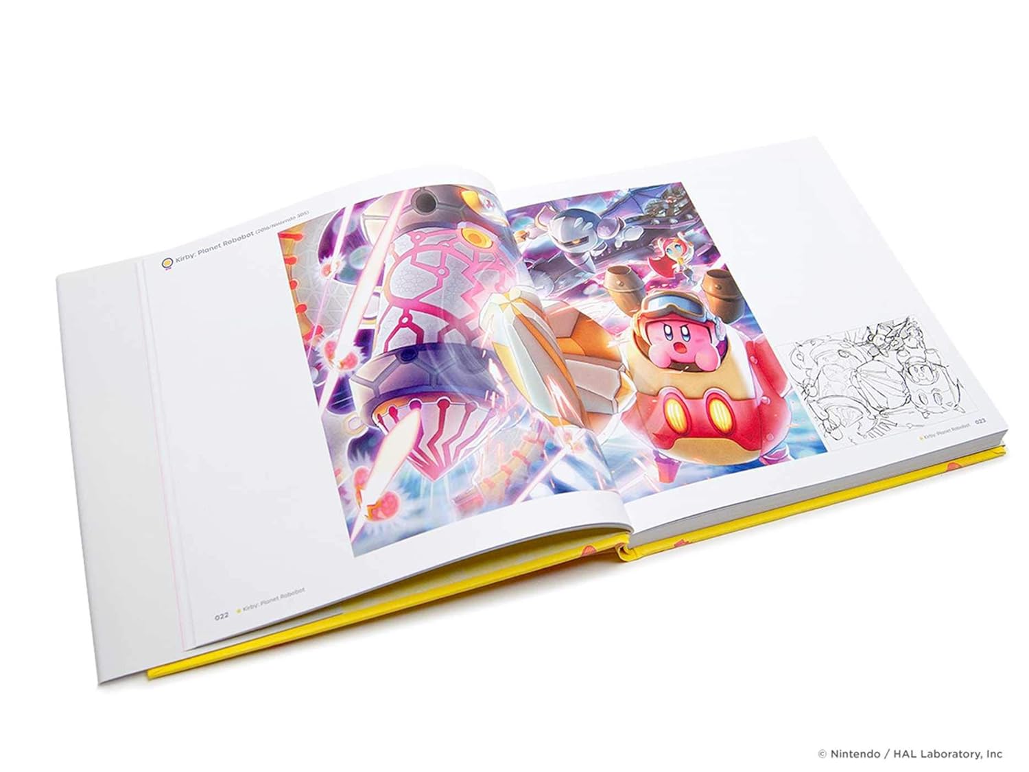 An open hardcover art book on a white background, showing a colorful illustrated page with Kirby and other characters, plus a black-and-white line drawing on the right page.