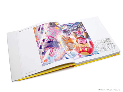 An open hardcover art book on a white background, showing a colorful illustrated page with Kirby and other characters, plus a black-and-white line drawing on the right page.