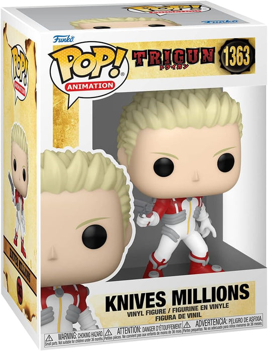 Funko Pop! vinyl figure packaging for 'Knives Millions' from Trigun, with branding and product details.
