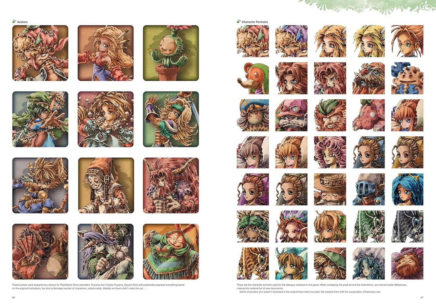 A printed catalog or art sheet showing many small fantasy character illustrations arranged in two columns. The page contains numerous square panels with detailed fantasy figures, animals, and scenes in a painterly, illustrated style.