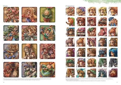 A printed catalog or art sheet showing many small fantasy character illustrations arranged in two columns. The page contains numerous square panels with detailed fantasy figures, animals, and scenes in a painterly, illustrated style.