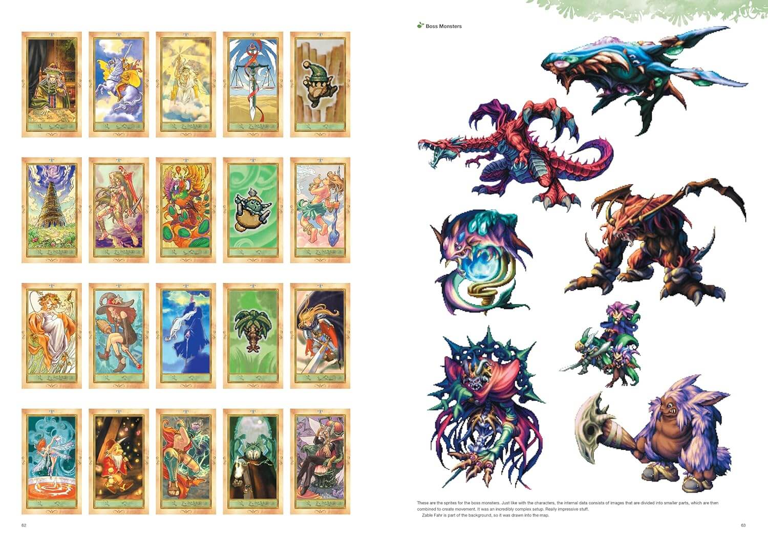 A printed art book or magazine spread showing rows of illustrated fantasy cards on the left and several larger fantasy creature illustrations on the right, all on a white page.