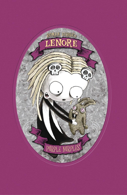 Cover of 'Lenore: Purple Nurples' featuring a black and white illustration of a character with a rabbit, against a purple background.