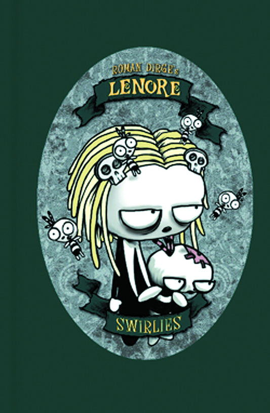 Cover of the book 'Lenore Swirlies HC Color Ed' featuring a black and white illustration of a character with yellow hair holding a skull, set against a dark, textured background with bats and bones.
