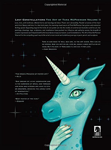 Back cover of a book titled 'Lost Constellations: The Art of Tara McPherson Volume II' featuring a stylized turquoise unicorn head on a black background with stars and printed text.