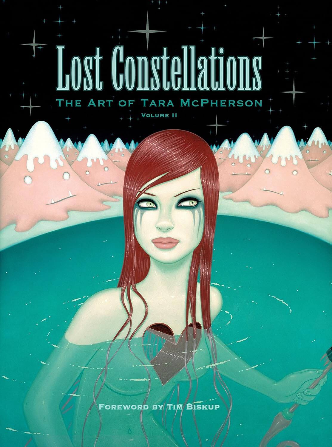 Book cover for 'Lost Constellations: The Art of Tara McPherson Volume II' featuring an illustrated pale-faced woman with long red hair standing in turquoise water, with pink snowy mountains and a black starry sky in the background.