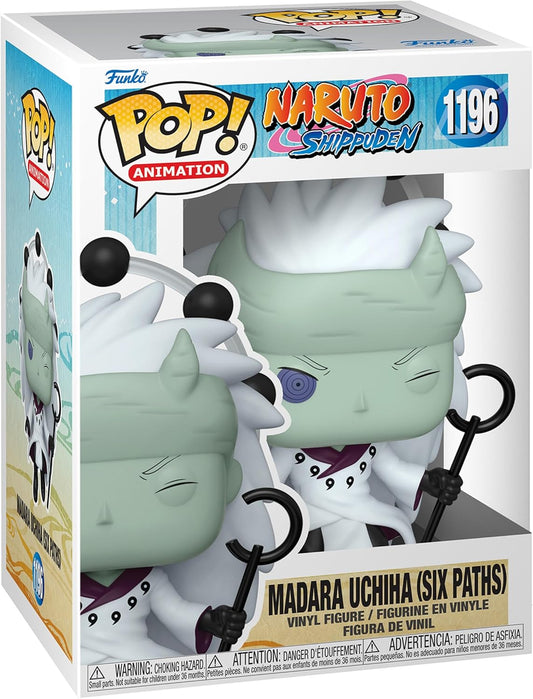 Funko Pop! vinyl figure packaging of Madara Uchiha from Naruto with branding and product details.