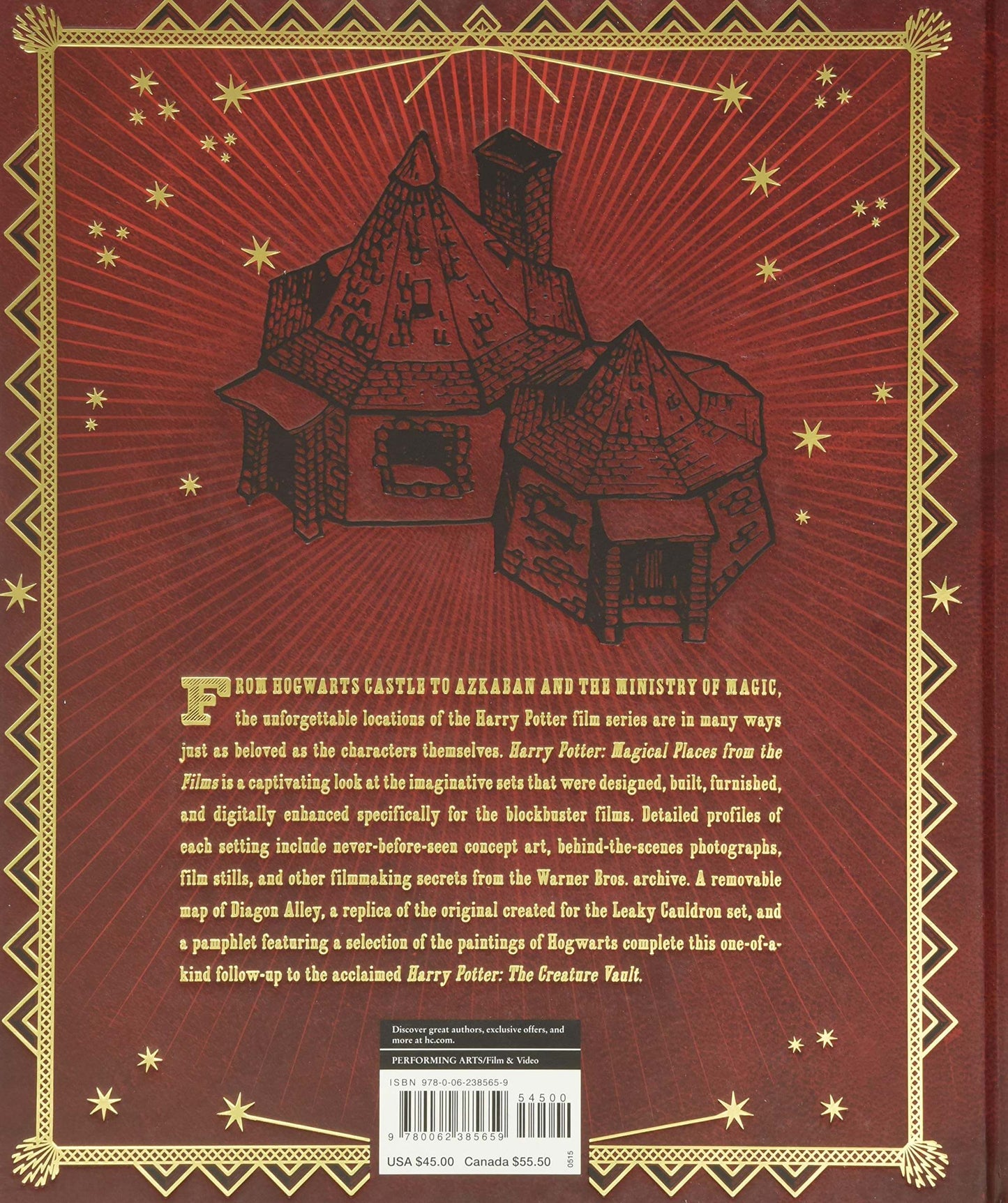 The back cover of a Harry Potter book featuring a dark red background with gold decorative borders, a black line-art illustration of Hogwarts Castle, and white text detailing the film's locations and characters.