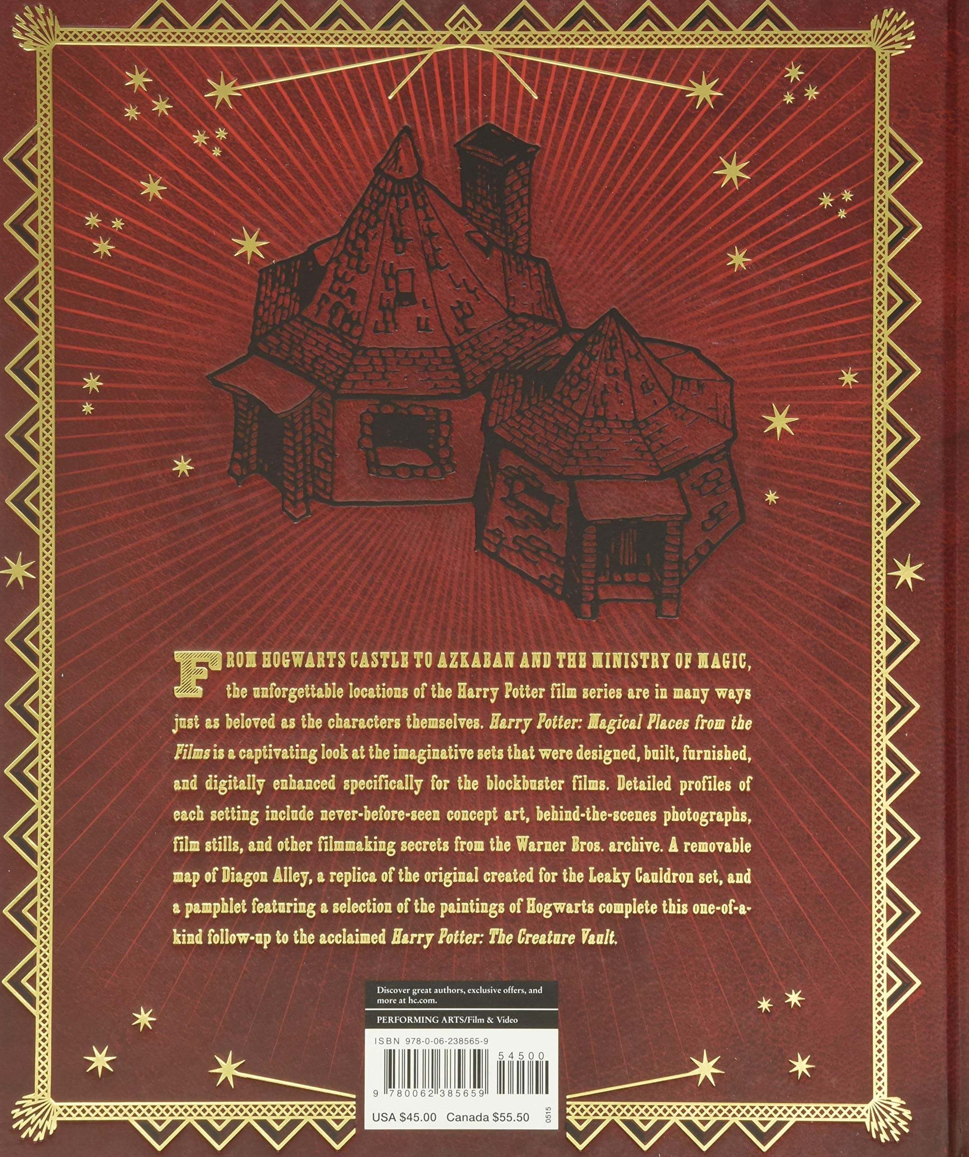 The back cover of a Harry Potter book featuring a dark red background with gold decorative borders, a black line-art illustration of Hogwarts Castle, and white text detailing the film's locations and characters.