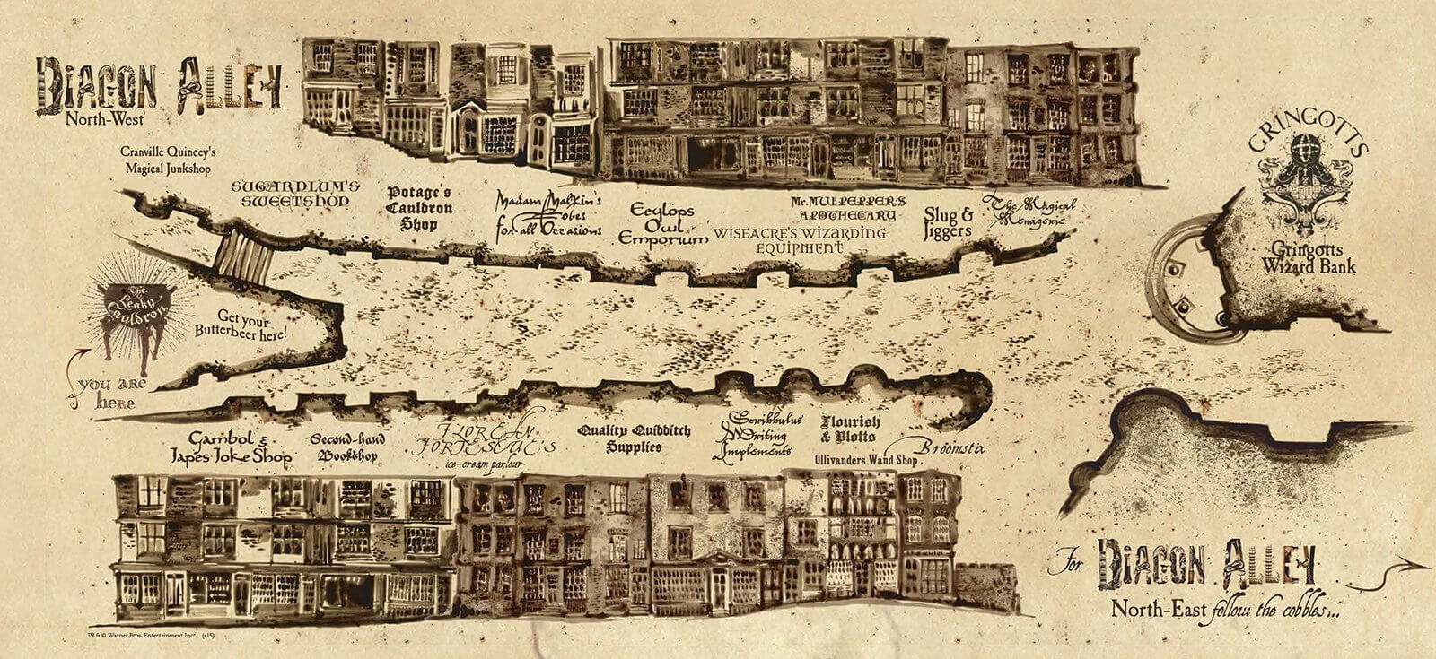Vintage-style illustrated map of Diagon Alley from Harry Potter, showing labeled buildings, streets, and landmarks in sepia ink on aged paper.
