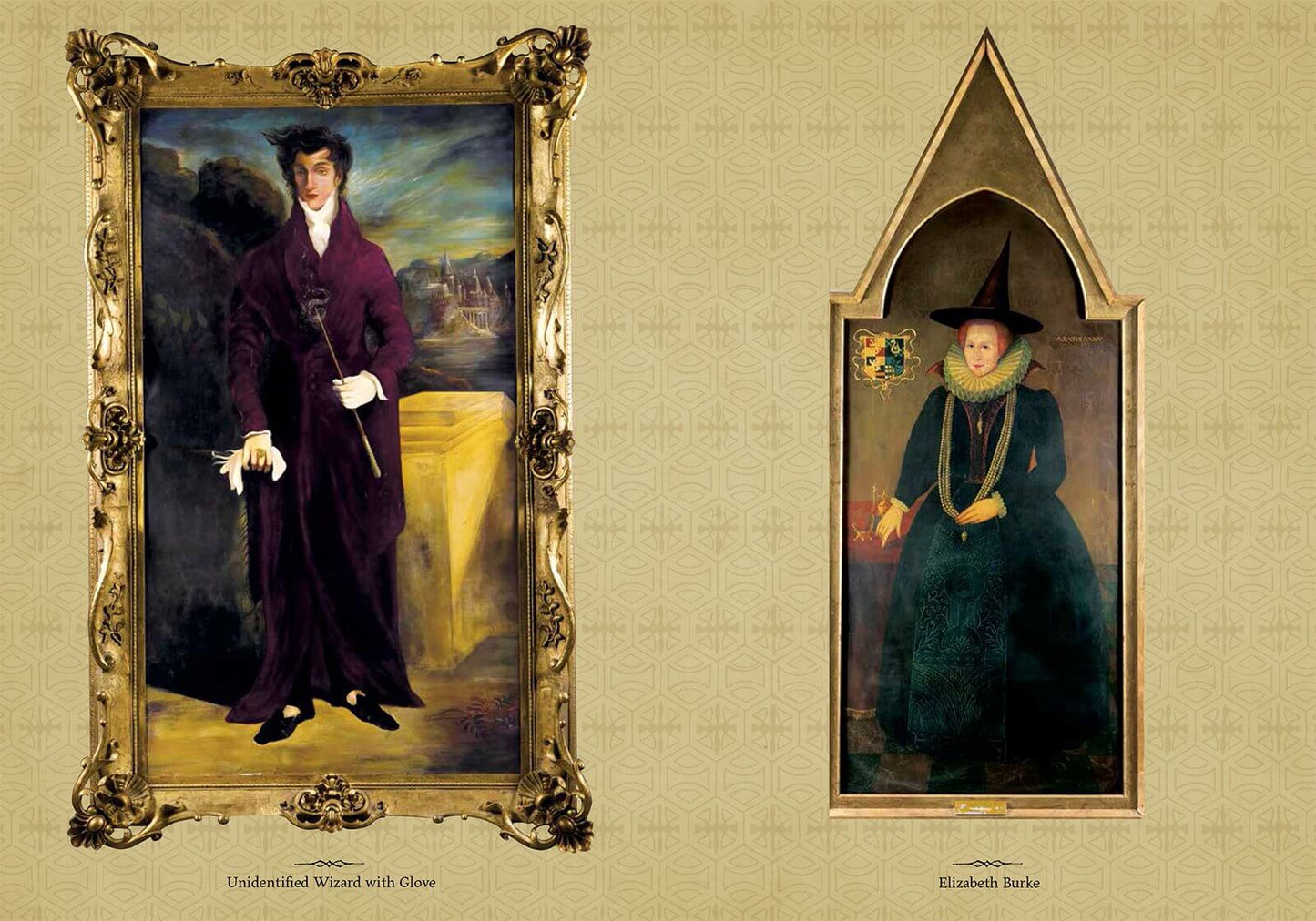 Two framed historical-style portraits displayed side by side on a beige patterned background. The left portrait, in an ornate gold frame, shows a woman in a dark purple dress standing indoors.