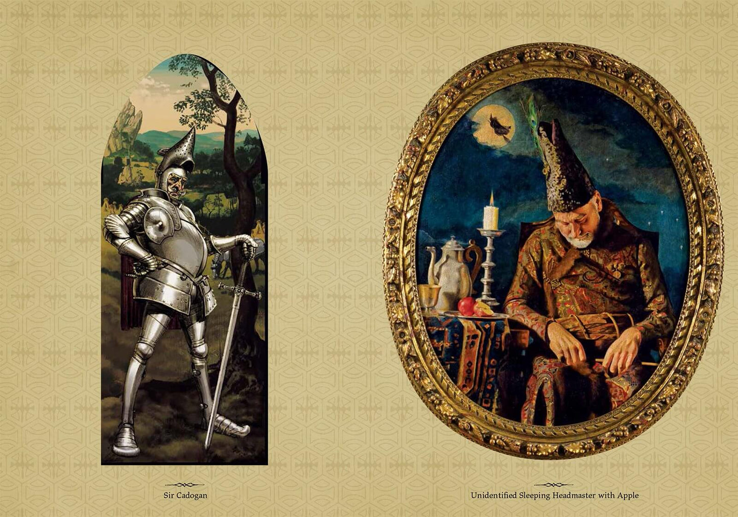 A vintage-style art print or catalog page showing two paintings side by side on a beige textured background. The left artwork depicts a full-length figure in metallic armor standing in a landscape, labeled 'Sir Colognes'.
