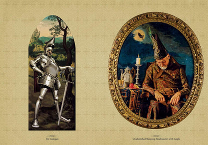 A vintage-style art print or catalog page showing two paintings side by side on a beige textured background. The left artwork depicts a full-length figure in metallic armor standing in a landscape, labeled 'Sir Colognes'.