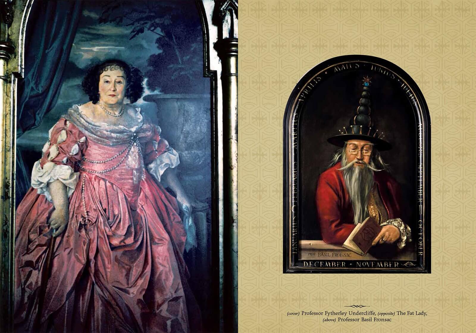 A split composition showing two classical-style portraits: on the left, a large painted portrait of a woman in a pink gown; on the right, a smaller framed portrait of an elderly man with a long white beard in a red robe. Between them is a beige textured background with decorative border elements and small text at the bottom.