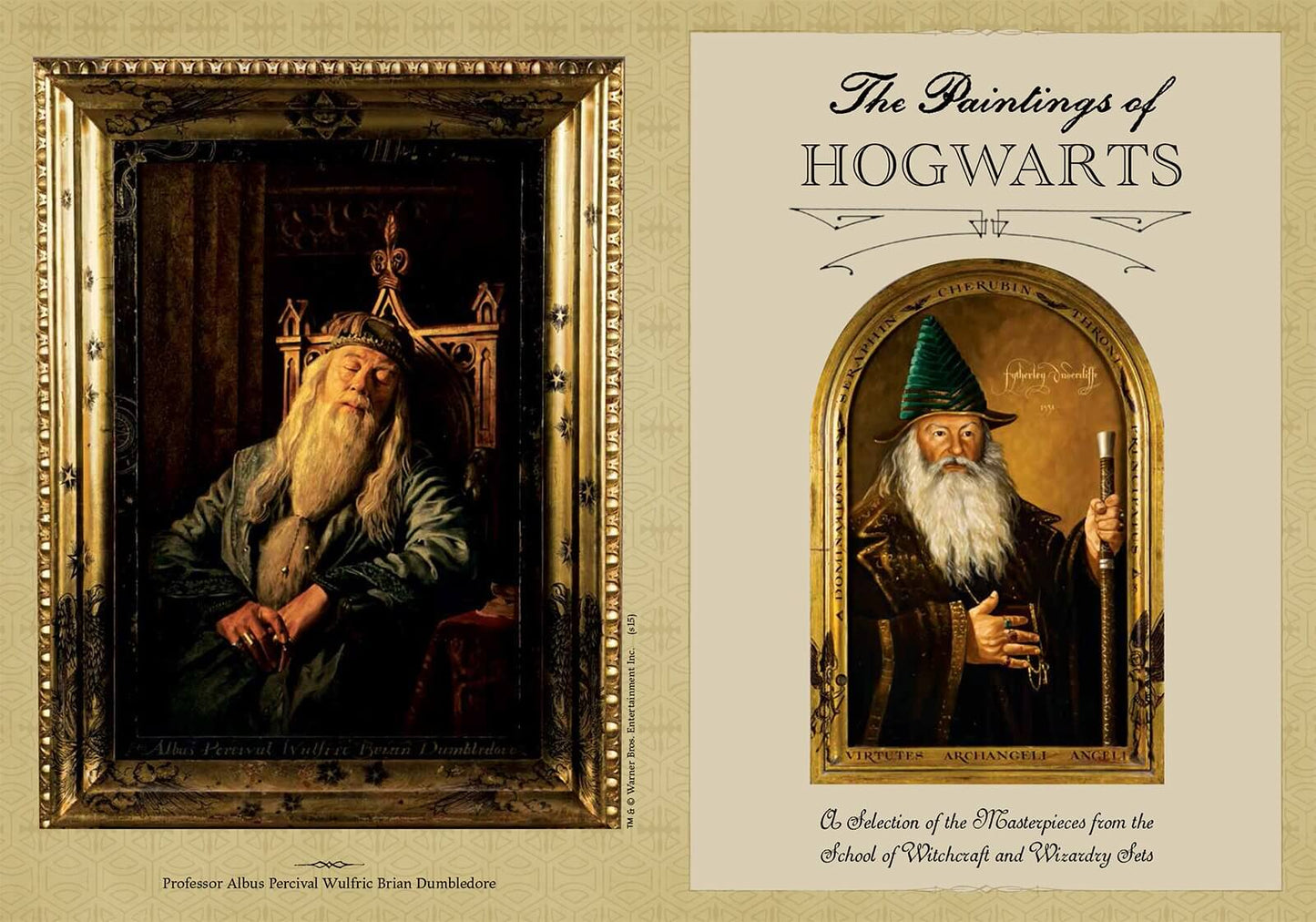 A book cover titled "The Paintings of HOGWARTS" shown beside a framed portrait painting of Albus Potter as Professor Dumbledore. The cover has a cream background with decorative text and an arched illustration, while the painting is in an ornate gold frame.