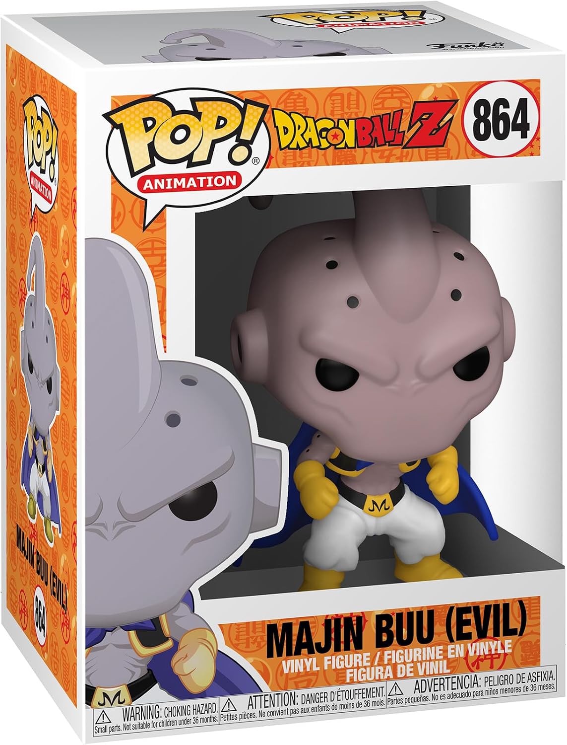 Funko Pop! vinyl figure packaging for Majin Buu from Dragon Ball Z, featuring the Pop! logo and product details.