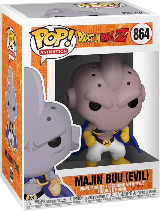 Funko Pop! vinyl figure packaging for Majin Buu from Dragon Ball Z, featuring the Pop! logo and product details.