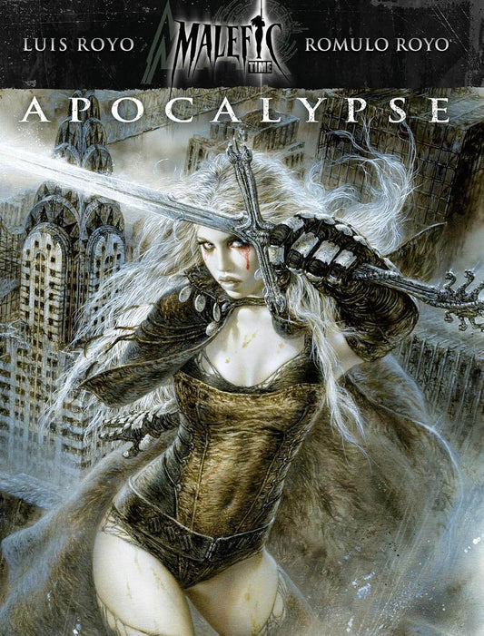 Cover art for 'Malefic Time Apocalypse HC Vol 01' featuring a stylized illustration of a female character with a sword, set against a dark, urban background.
