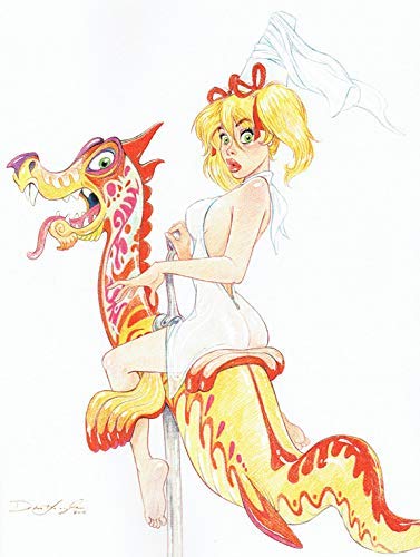 A colorful pencil and ink illustration of a blonde woman in a white dress riding a dragon-like creature on a white background.