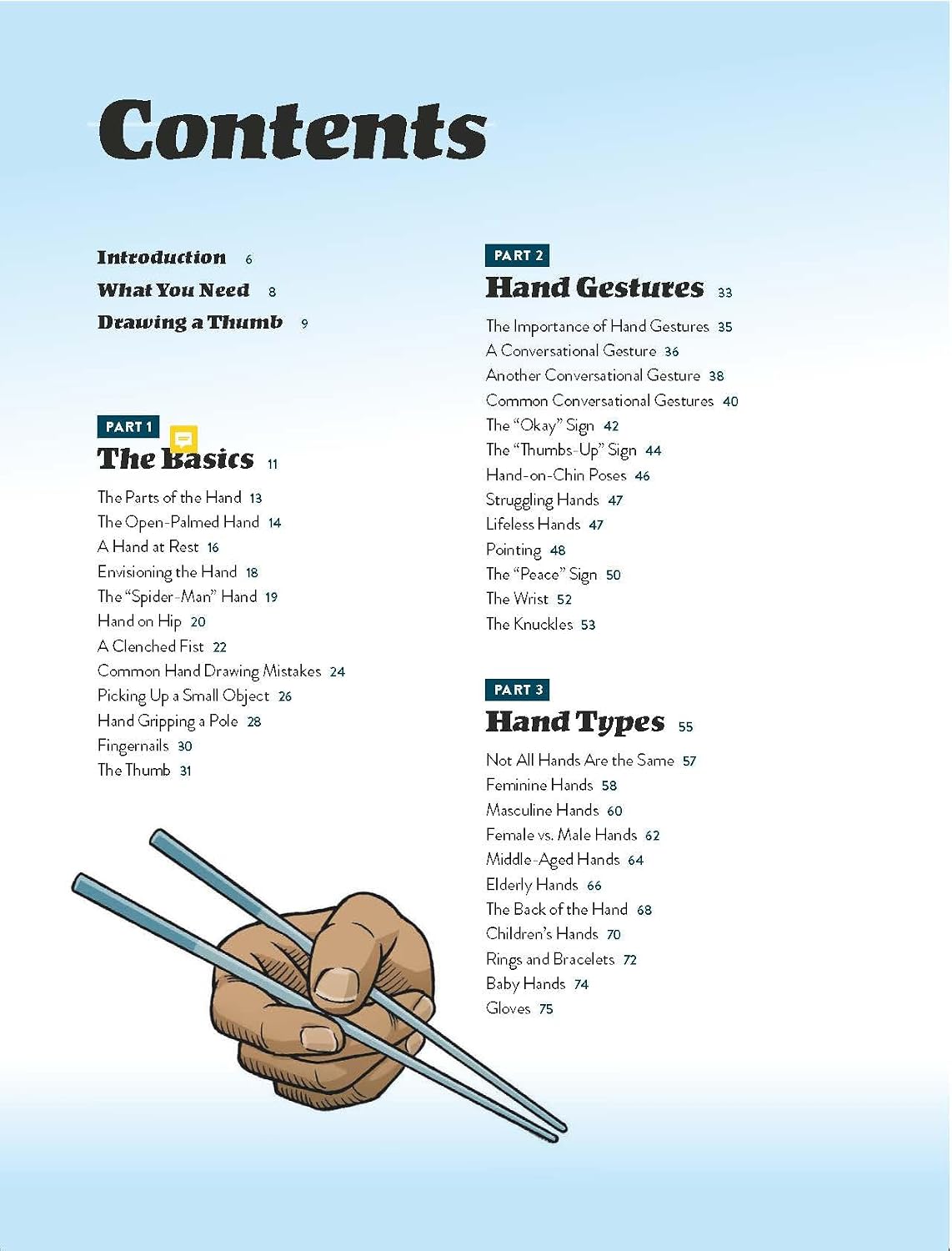 A scanned book page showing the 'Contents' table of contents for a martial arts or self-defense guide, with black text on a light blue background and a small illustration of a hand holding a staff at the bottom.