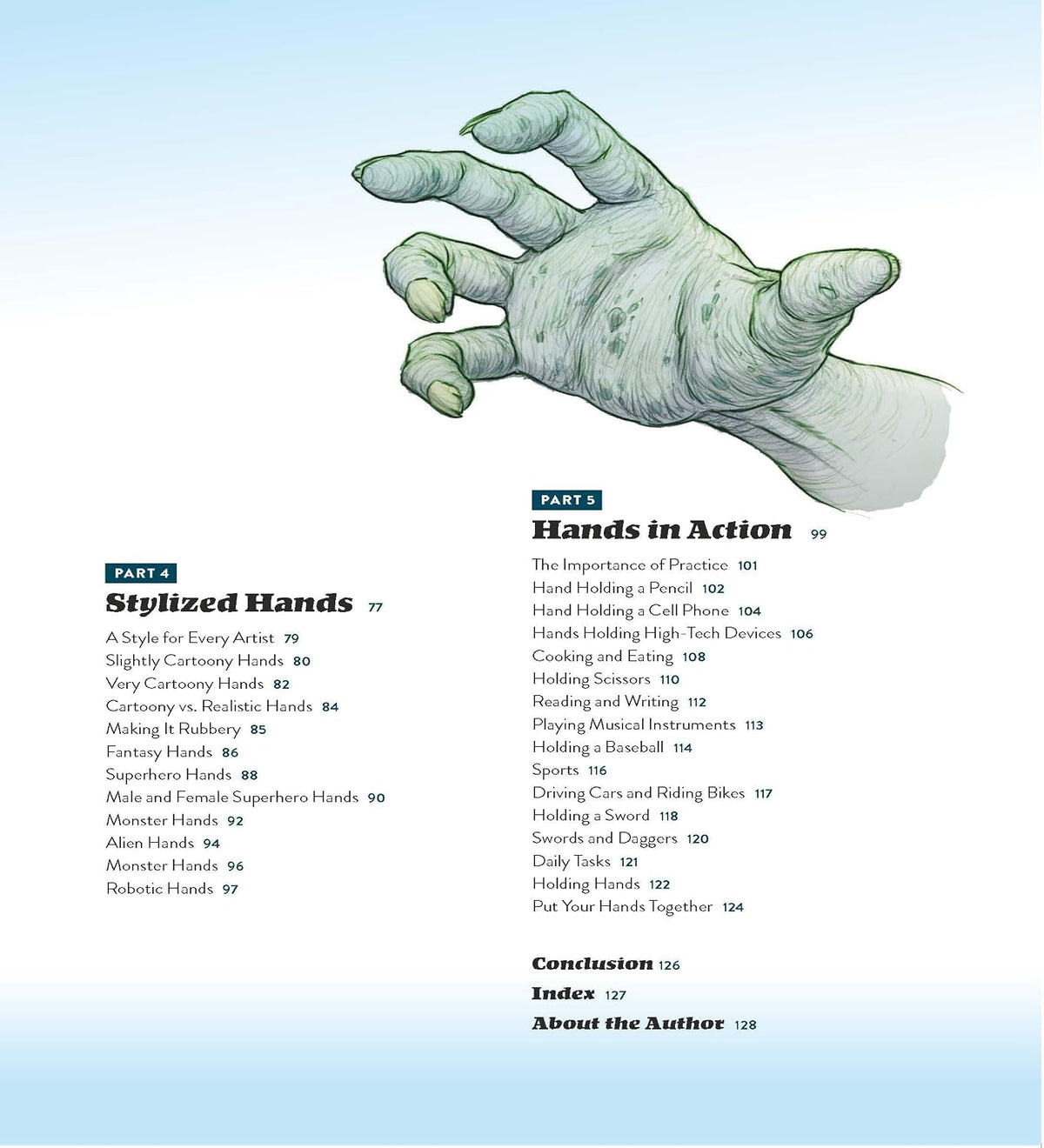 A book page showing a large illustrated hand at the top and a list of page headings for 'Hands' below, with the title 'Pasta: Stylized Hands' on the left and a table of contents on the right.