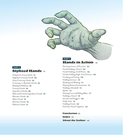 A book page showing a large illustrated hand at the top and a list of page headings for 'Hands' below, with the title 'Pasta: Stylized Hands' on the left and a table of contents on the right.