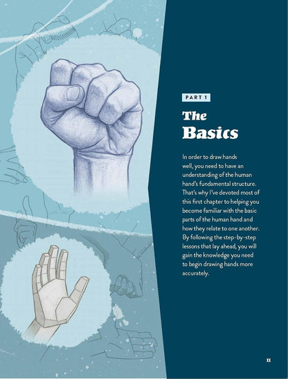 An interior page from a book or magazine with a dark teal vertical panel on the right and pale blue illustrated hand drawings on the left. The page includes the heading 'PART 1 The Basics' and a block of instructional text about drawing human hands.