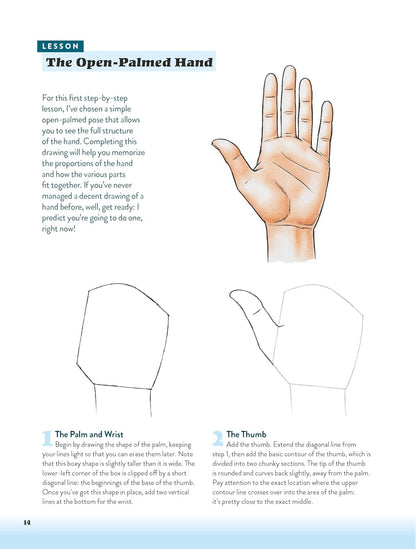 A printed instructional page titled 'LESSON The Open-Palmed Hand' showing a large hand illustration with labeled steps and smaller line drawings explaining palm/wrist and thumb positioning.